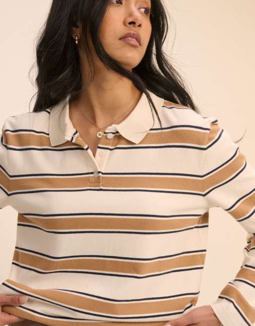 Nobody's Child cotton jersey polo top in wide mustard stripe, 3 of 4