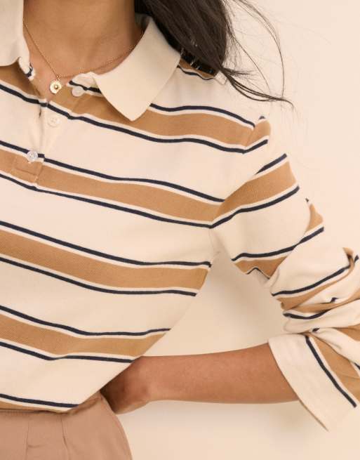 Nobody's Child cotton jersey polo top in wide mustard stripe, 4 of 4