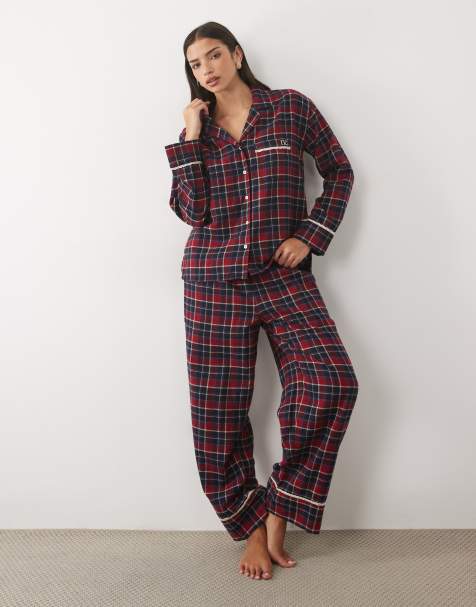 Nobody's Child cotton lace trim pyjama shirt co-ord in navy and red check - view 1