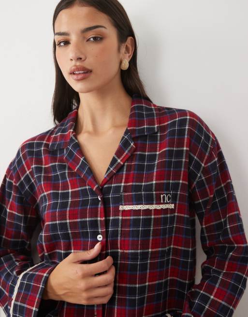 Nobody's Child cotton lace trim pyjama shirt set in navy and red check, 3 of 4