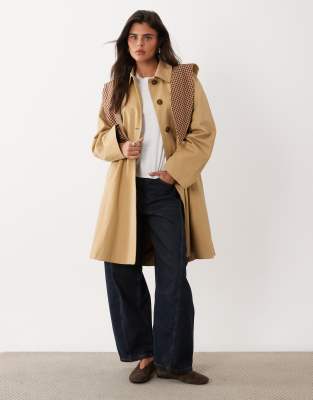 Nobody's Child Cotton Mid Length Trench Coat With Contrast Gingham Removable Scarf Detail In Neutral