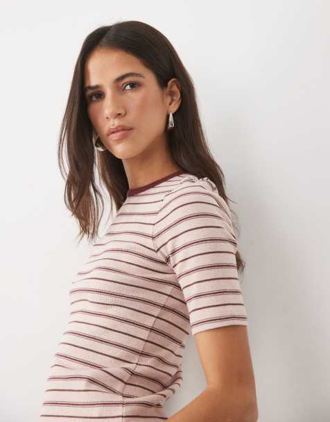 Nobody's Child cotton mix ribbed bodyfit crew neck t-shirt in pink stripe - view 1