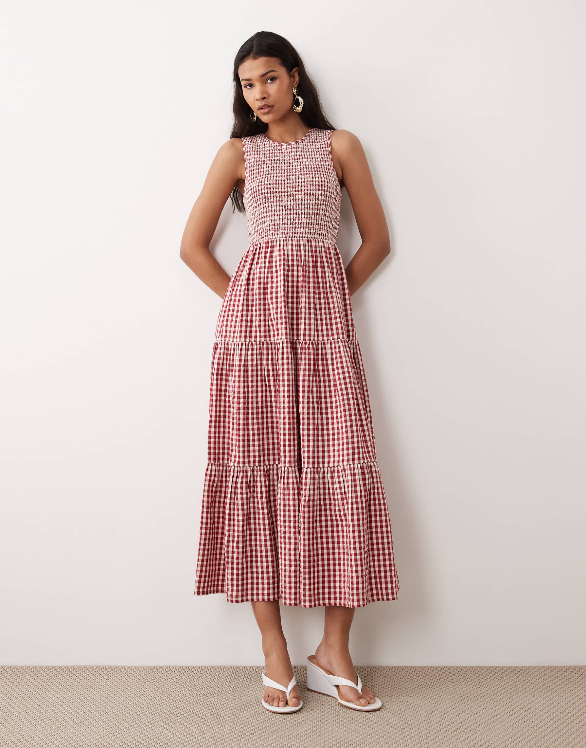nobody's child cotton round neck shirred bodice tiered skirt midi dress in red gingham