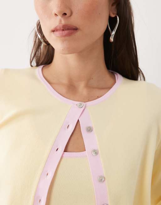 Nobody's Child crew neck constrast hem button down cardigan in yellow, 3 of 4