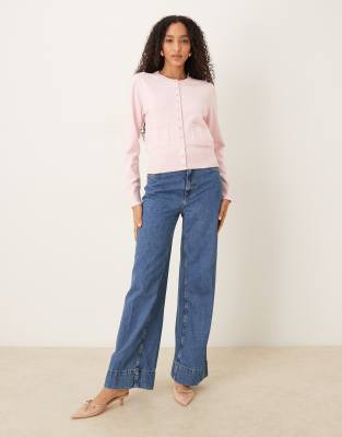 Nobody's Child Crew Neck Micro Knit Cardigan In Pink