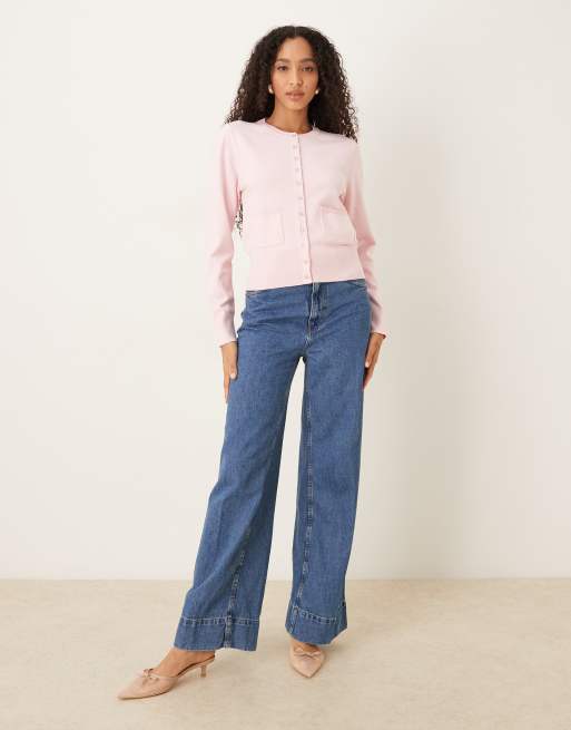 Nobody's Child crew neck micro knit cardigan in pink, 2 of 4