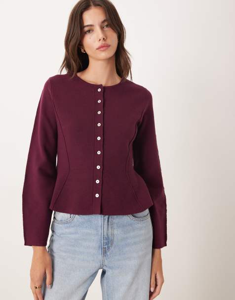Nobody's Child crew neck peplum waist cardigan in plum - view 1