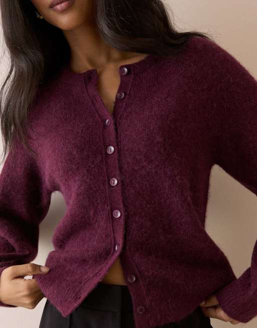 Nobody's Child Crew neck wool-blend cardigan in burgundy, 3 of 5
