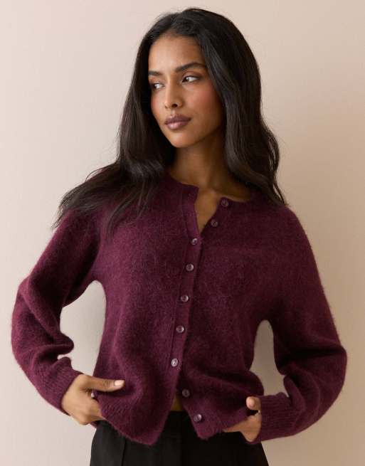 Nobody's Child Crew neck wool-blend cardigan in burgundy, 4 of 5