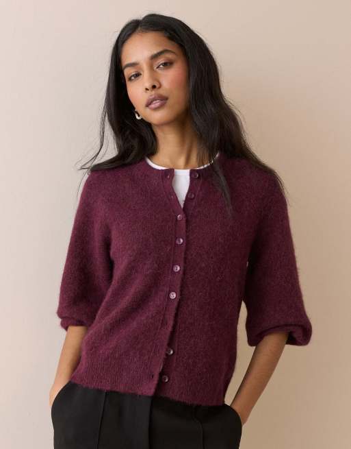 Nobody's Child Crew neck wool-blend cardigan in burgundy, 5 of 5
