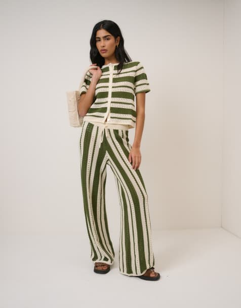 Nobody's Child crochet drawstring waist resort pants in green stripe - part of a set - view 1