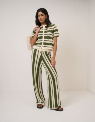 Nobody's Child crochet drawstring waist resort trousers co-ord in green stripe