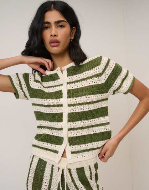 Nobody's Child crochet short sleeve resort cardigan in green stripe (part of a set) - view 1