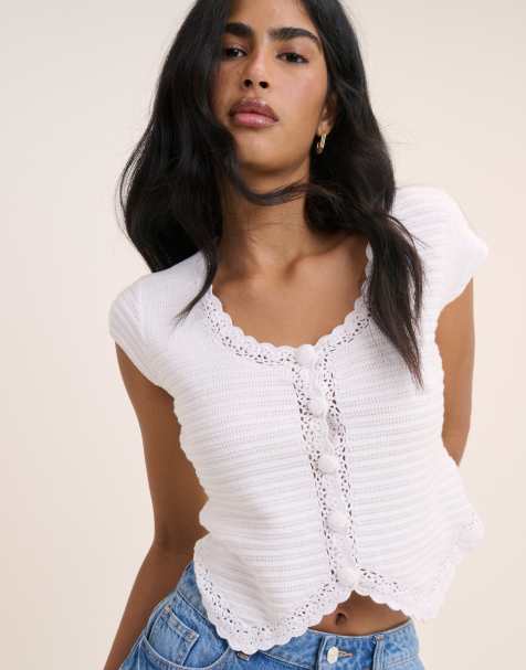 Nobody's Child Crochet trim short sleeve cardigan in white - view 1