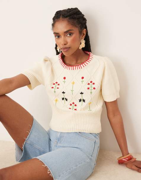 Nobody's Child - Crop top color crema in maglia con ricami - view 1