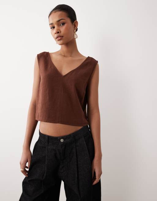 Nobody's Child - Crop top in misto lino color cioccolato in coordinato