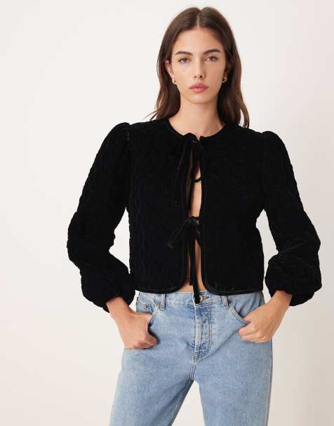 Nobody's Child cropped velvet quilted jacket with tie front in black - view 1