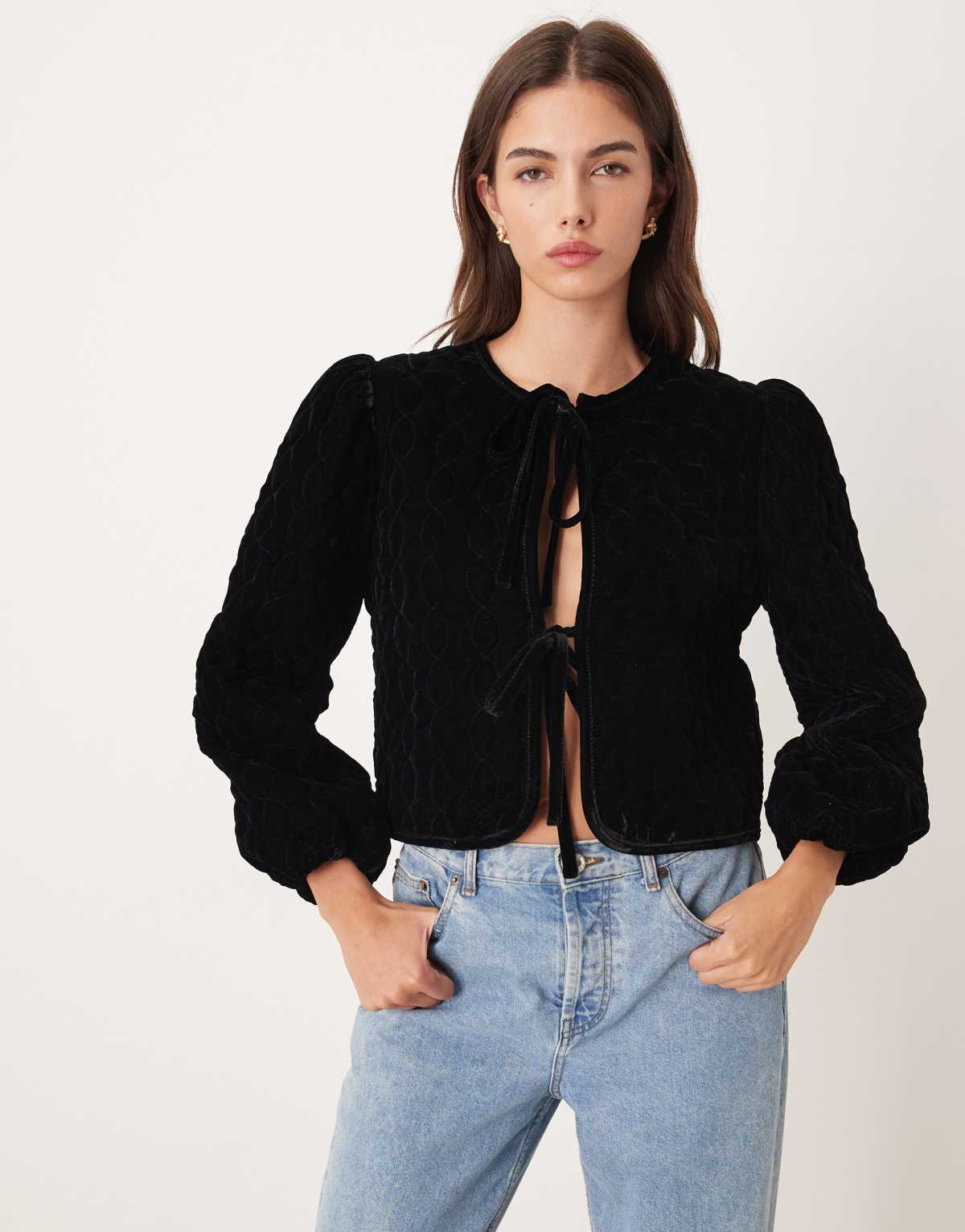 Nobody's Child cropped velvet quilted jacket with tie front in black