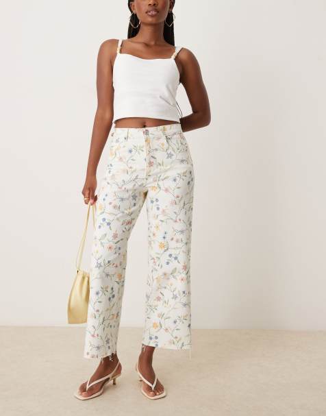 Nobody's Child cropped wide leg denim jeans in white floral - view 1