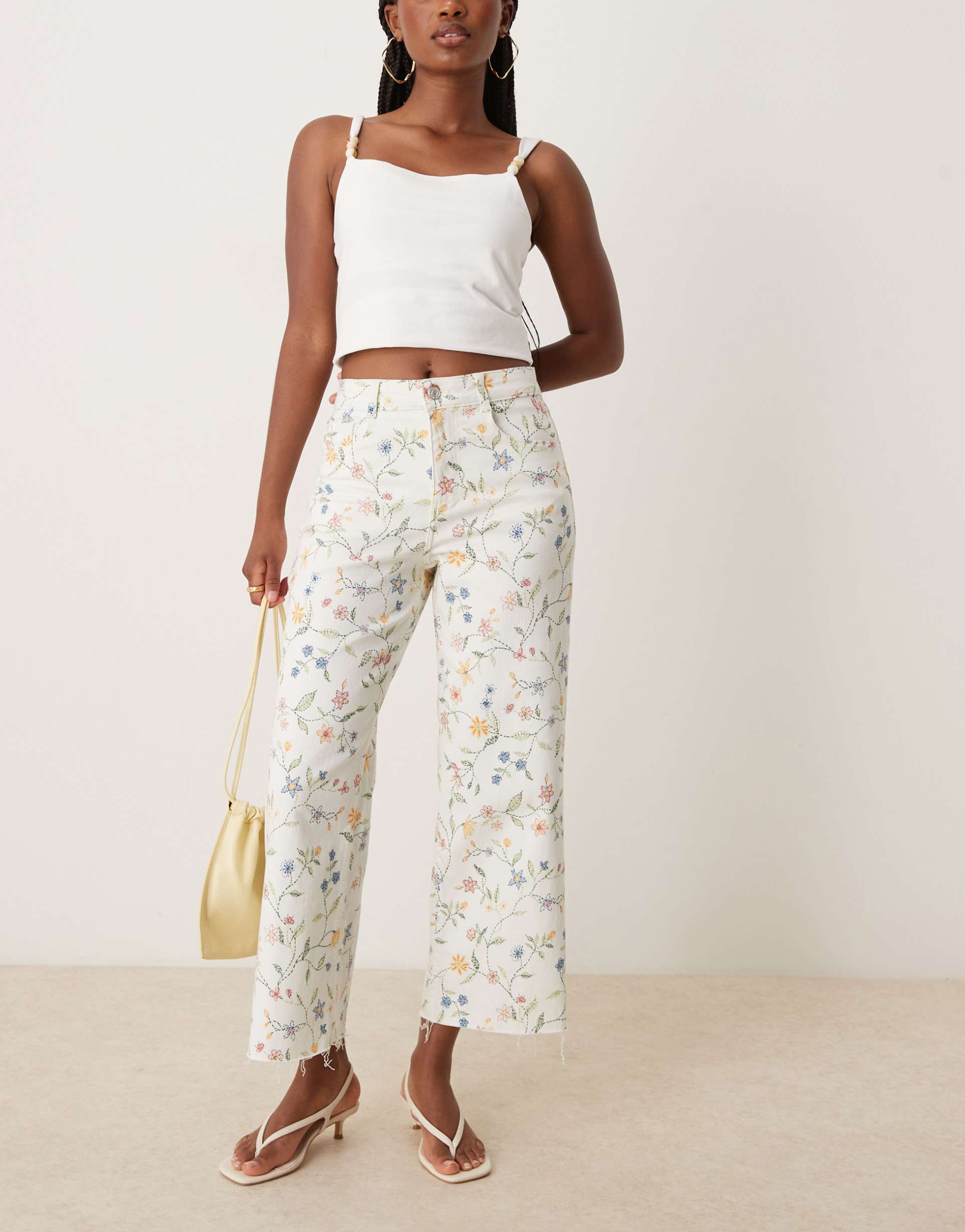 nobody's child cropped wide leg denim jeans in white floral