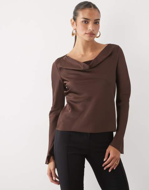 Nobody's Child Cruz satin cowl neck long sleeve top in chocolate - view 1