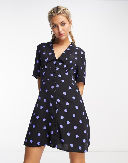 Nobody's Child Daisy button front mini dress in blue spot ASOS