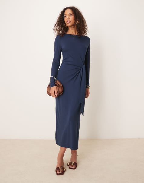 Nobody's Child Dakota knot detail long sleeve midi dress in navy