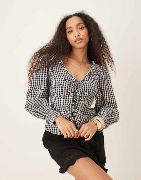 Nobody's Child – Dallas – Bluse mit gebundener Vorderseite und schwarz-weißem Vichy-Karomuster - view 1
