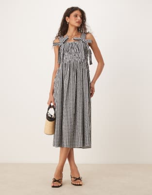 Dallas bow detail midi dress in micro mono gingham-Multi