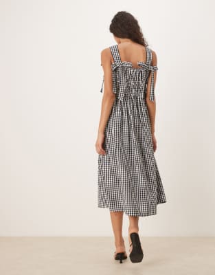 Nobody's Child Dallas bow detail midi dress in micro mono gingham