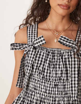 Nobody's Child Dallas bow detail midi dress in micro mono gingham