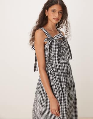 Nobody's Child Dallas bow detail midi dress in micro mono gingham
