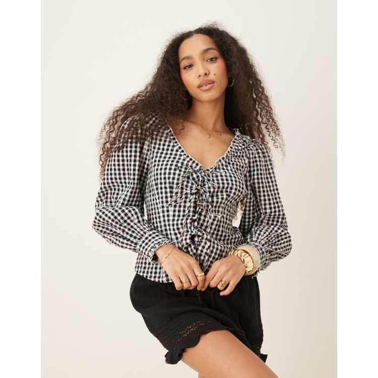 Nobody's Child Dallas tie front blouse in black and white gingham