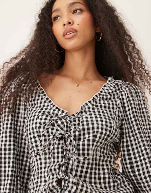Nobody's Child Dallas tie front blouse in black and white gingham, 2 of 4