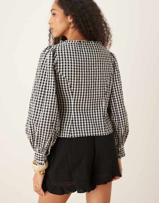 Nobody's Child Dallas tie front blouse in black and white gingham, 4 of 4