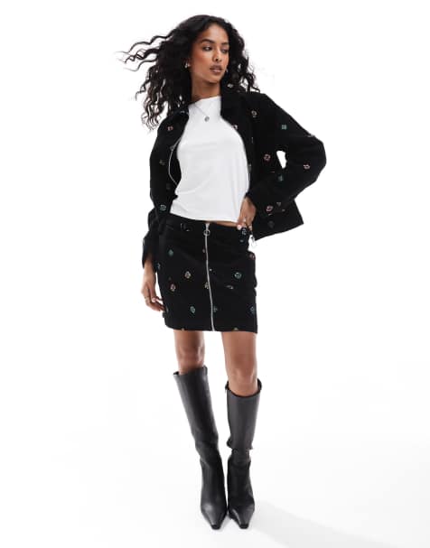 Nobody's Child Dalston cord embroidered mini skirt co-ord in black - view 1
