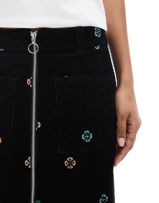 Nobody's Child Dalston cord embroidered mini skirt co-ord in black, 3 of 5