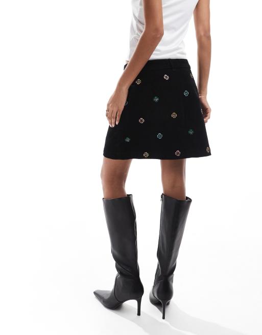 Nobody's Child Dalston cord embroidered mini skirt co-ord in black, 4 of 5