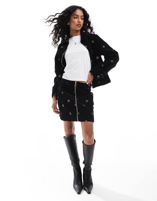 Nobody's Child Dalston cord embroidered mini skirt in black (part of a set)