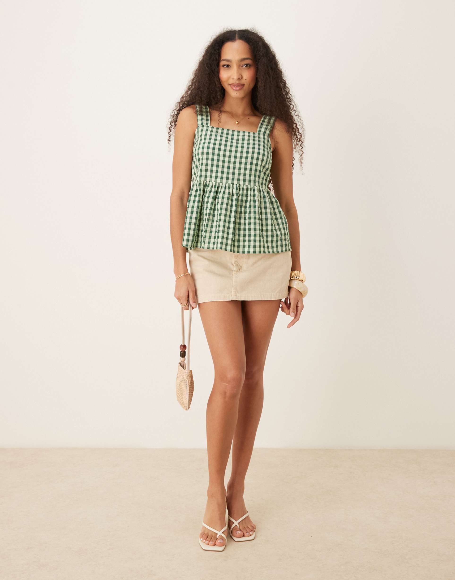 nobody's child dana sleeveless peplum top in green gingham