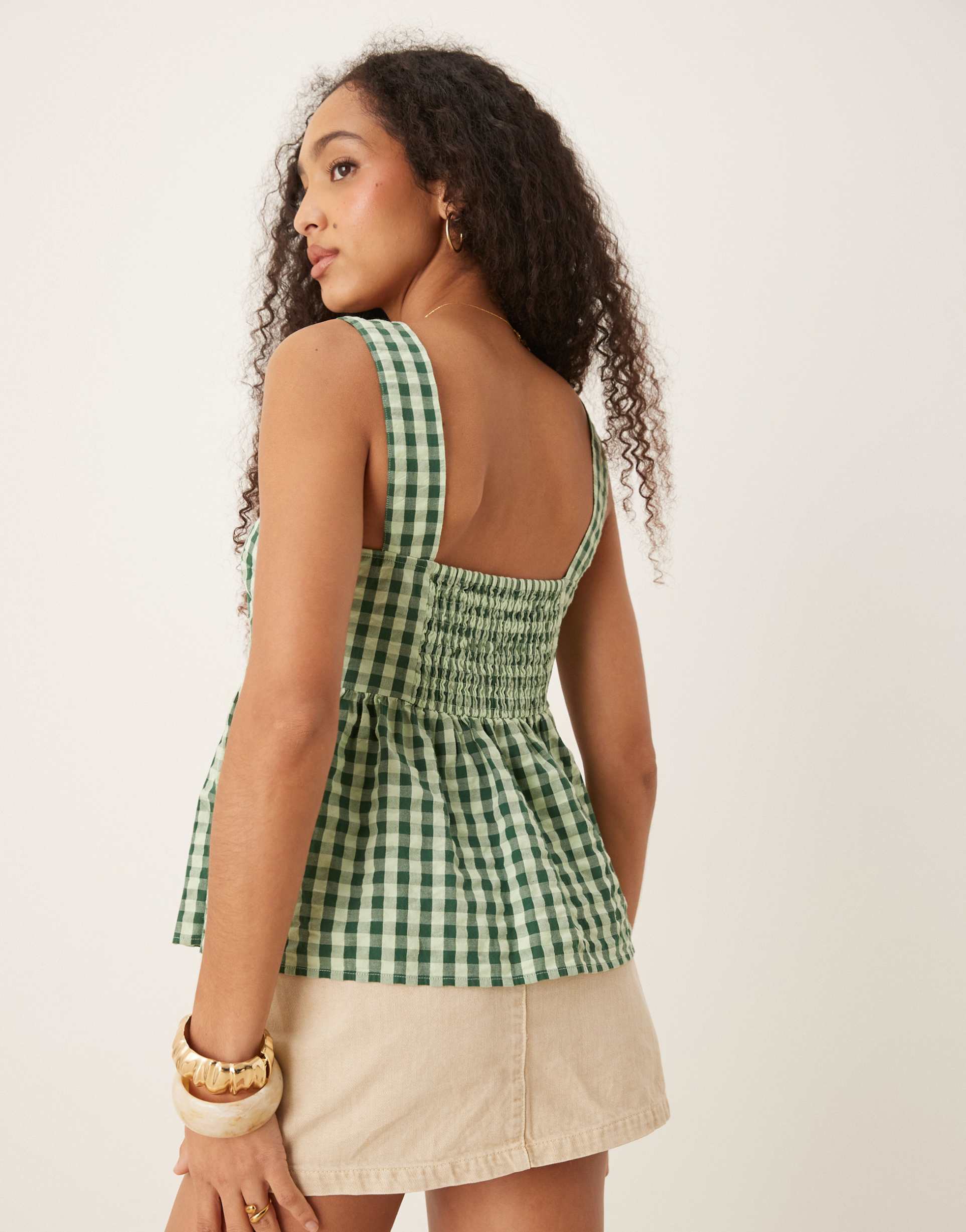 nobody's child dana sleeveless peplum top in green gingham
