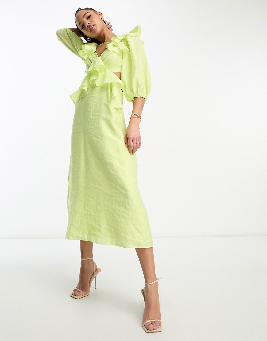 Nobody's Child Dani puff sleeve cut out midaxi dress in lime-Green