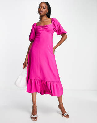 Nobody's Child Darcie puff sleeve midi dress in fuchsia