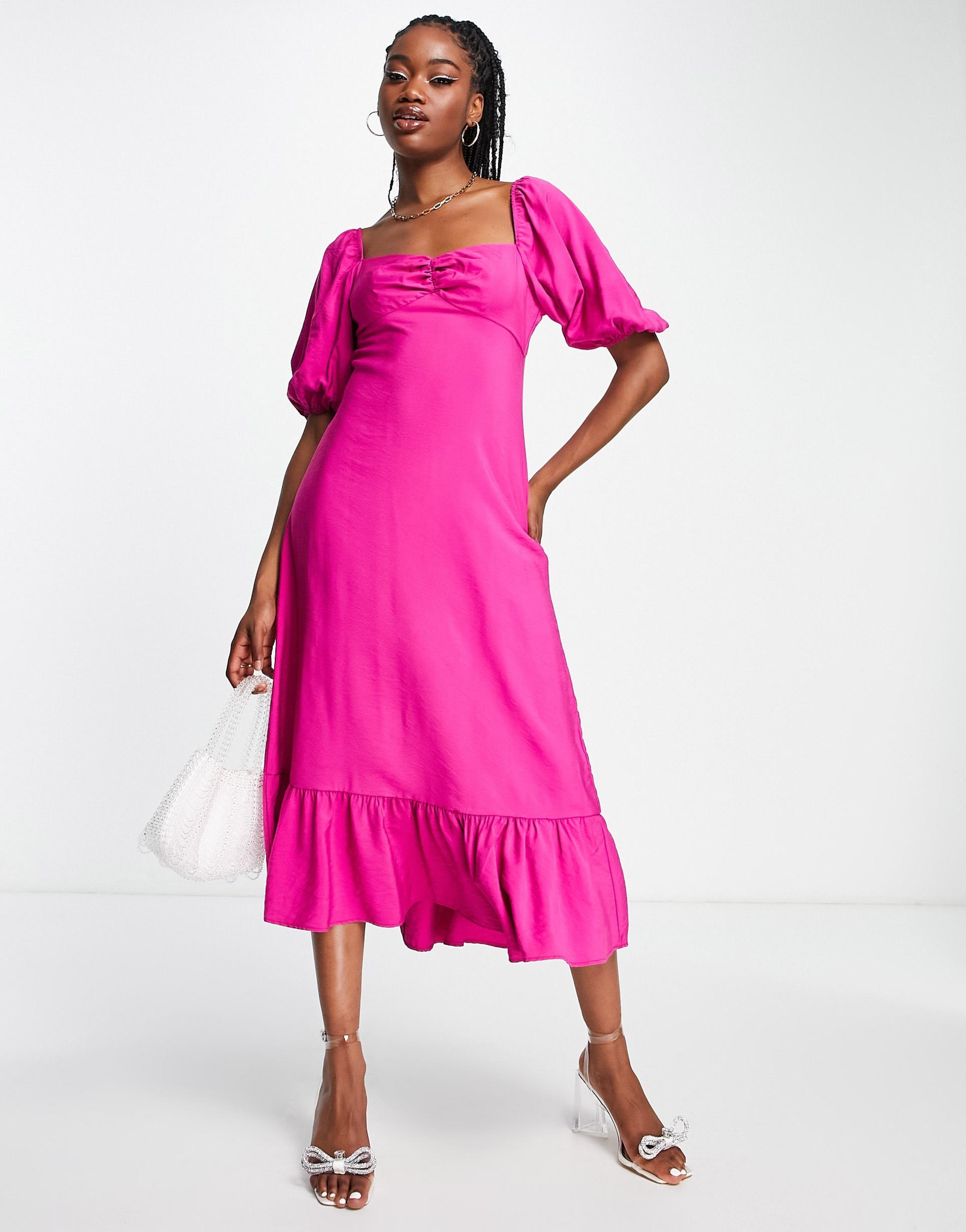 nobody’s child darcie puff sleeve midi dress in fuchsia