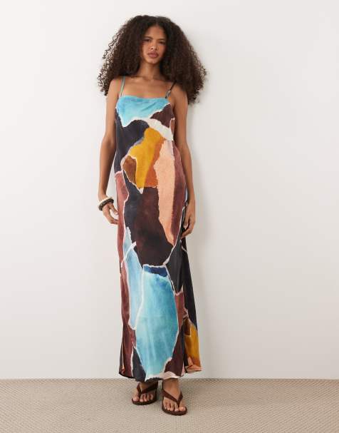 Nobody's Child Darcie square neck cami strap maxi dress in brown multi print - view 1