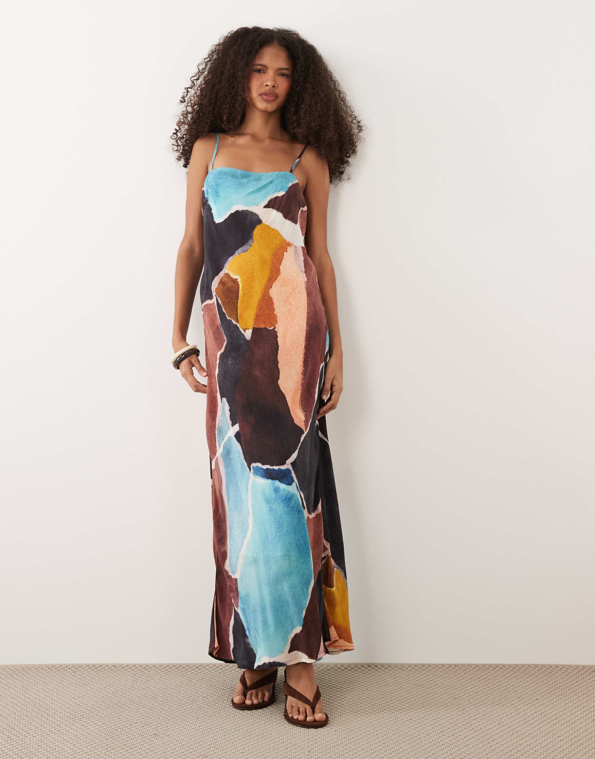 nobody's child darcie square neck cami strap maxi dress in brown multi print