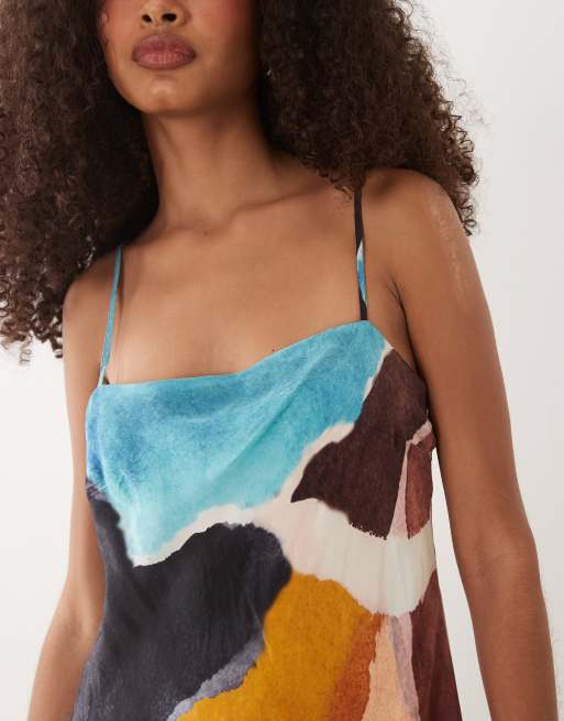 Nobody's Child Darcie square neck cami strap maxi dress in brown multi print, 3 of 4