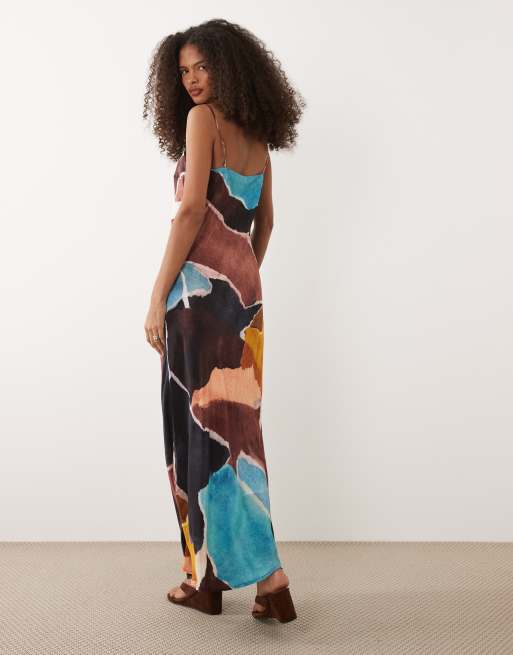 Nobody's Child Darcie square neck cami strap maxi dress in brown multi print, 4 of 4