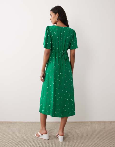 slim fit dress slacks 100% Cotton Green Midi Dress - All Dresses