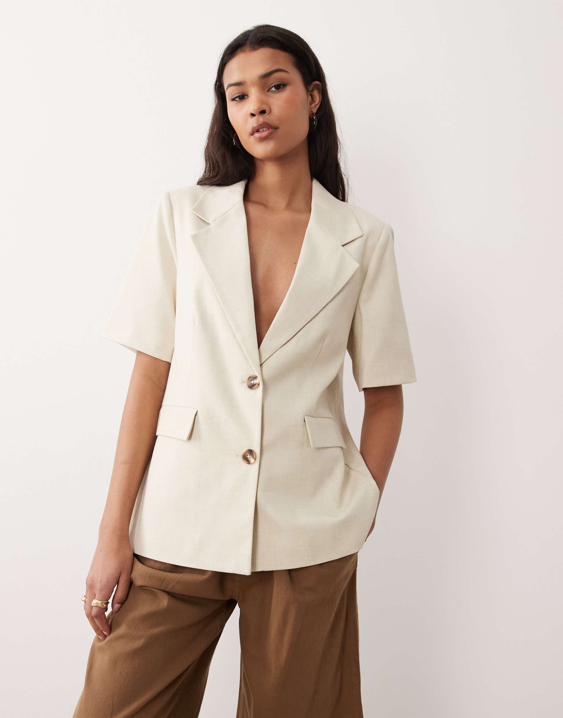 nobody's child deep v-neck tailored boyfriend blazer in cream - part of a set